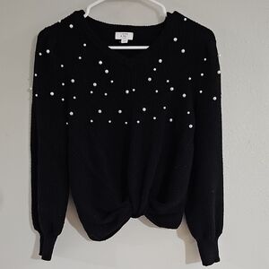 crown & ivy Black Sweater with Pearl Embellishments